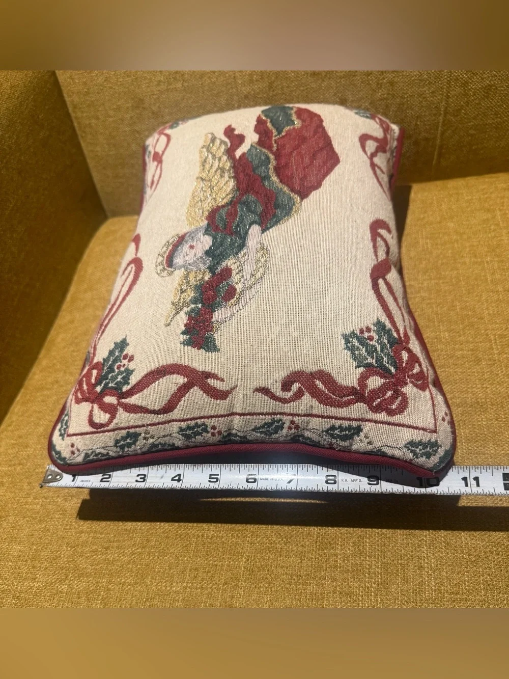 Vintage Riverdale Christmas Angel Tapestry Pillow Gold Metallic Made in USA 16”